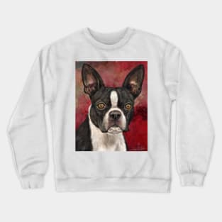 Painting of Black and White Boston Terrier on Burgundy Background Crewneck Sweatshirt